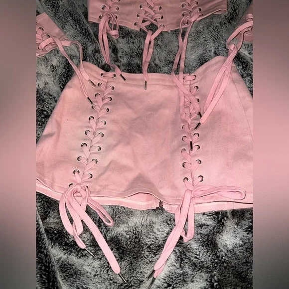 Dolls Kill Club Exx Levels Unlocked Twill Lace Up Crop Top and Skirt Set - Picture 5 of 7